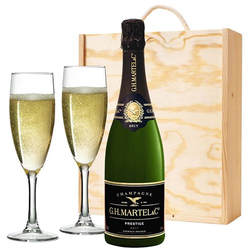Martel Prestige Brut Champagne 75cl And Flutes In Pine Wooden Gift Box